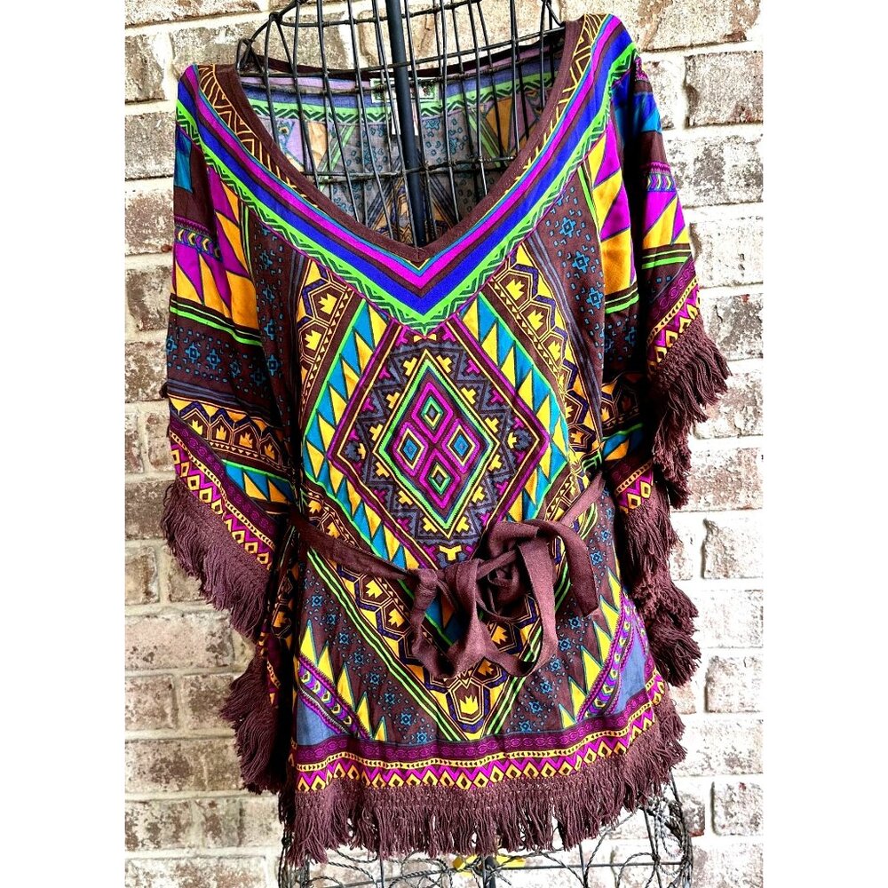 Vintage Flying Tomato Kimono Fringed Top Small Boho Tribal Aztec Front Ties